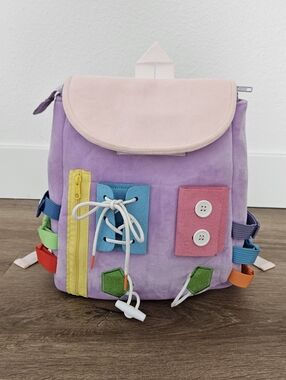 White Dolphin Toys Kids Busy Board Backpack in Lavender and Pink